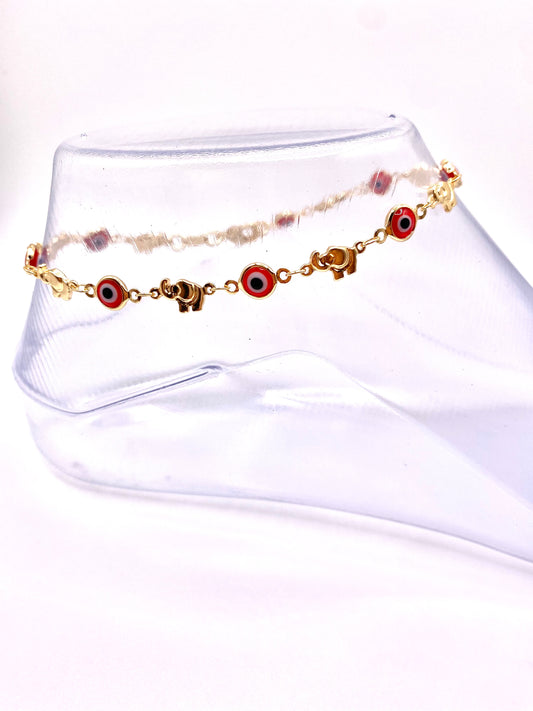 Red Evil Eye and Elephant Anklet